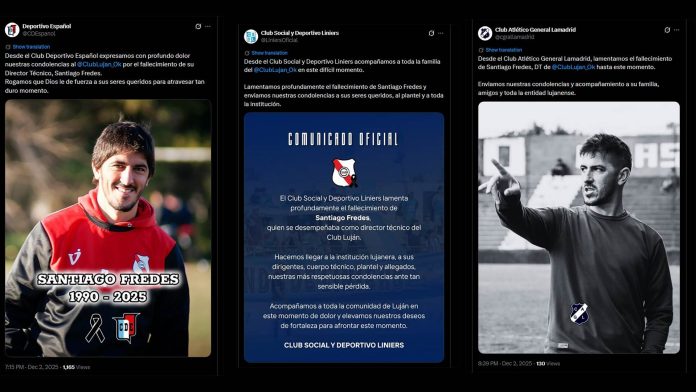 Dolor en el fútbol argentino: los mensajes en homenaje al entrenador de Luján Santiago Fredes