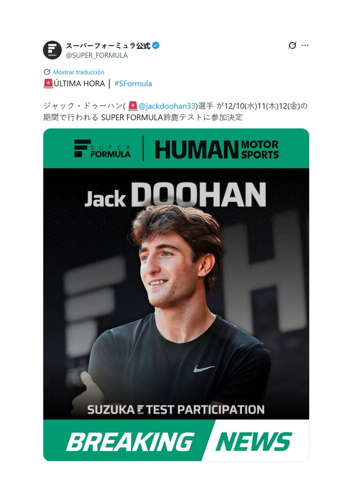 El accidente que protagonizó Jack Doohan en su primer día en la Súper Fórmula de Japón tras su salida de Alpine