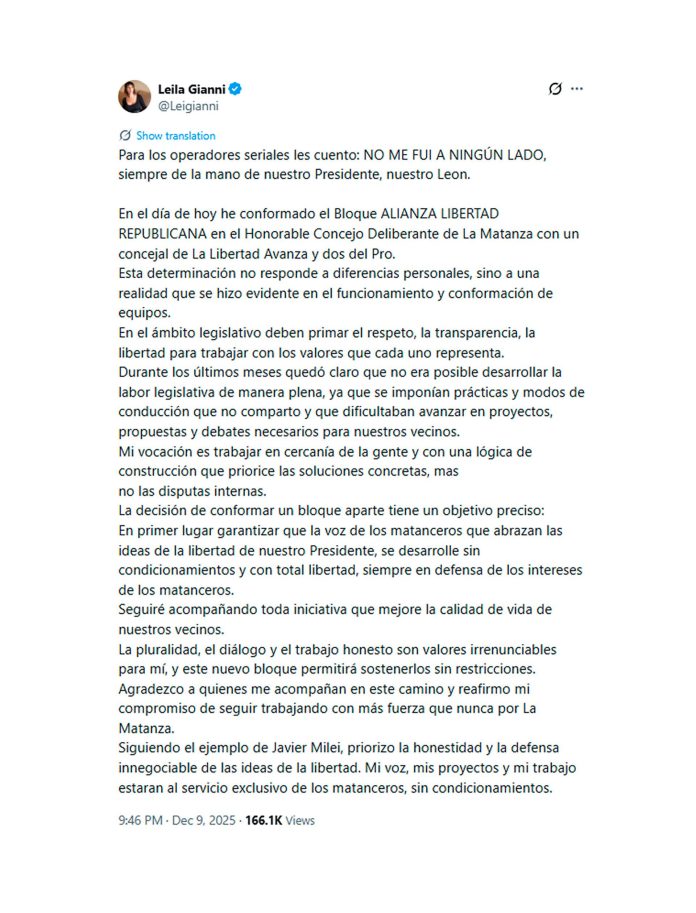 Se rompió La Libertad Avanza en La Matanza: Leila Gianni armó un bloque propio y la acusaron de traición