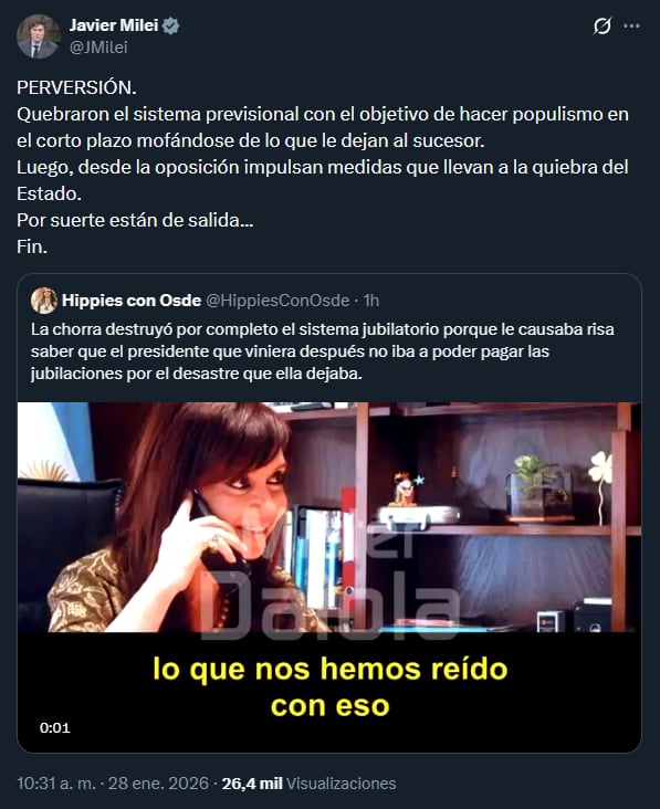 Milei difundió una vieja escucha de CFK donde advertía que el futuro presidente no iba a poder pagar jubilaciones