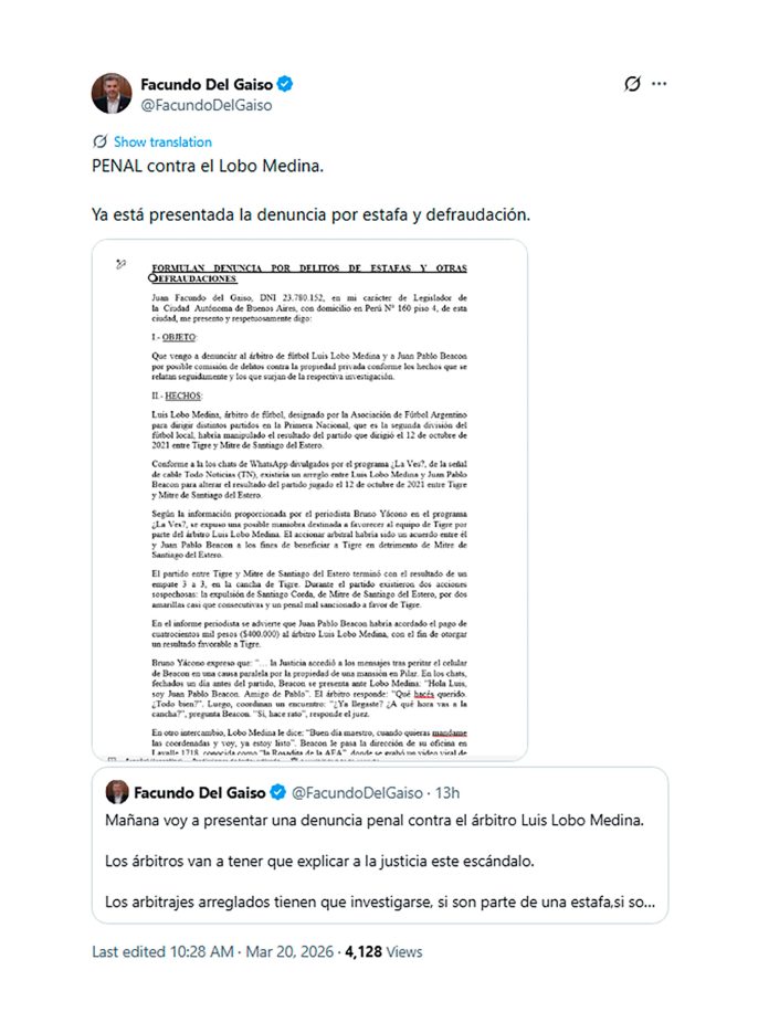 Denunciaron penalmente al árbitro Luis Lobo Medina, acusado de arreglar partidos