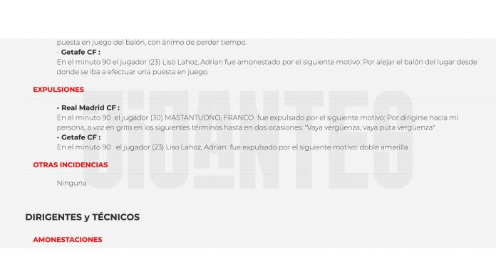 El video inédito de la furia de Franco Mastantuono tras ser expulsado en Real Madrid-Getafe