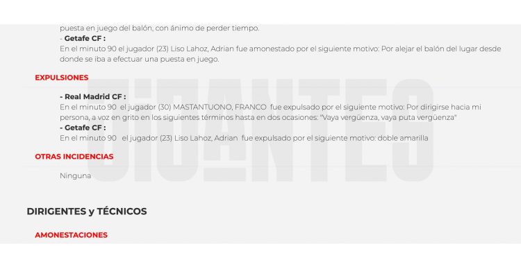El video inédito de la furia de Franco Mastantuono tras ser expulsado en Real Madrid-Getafe