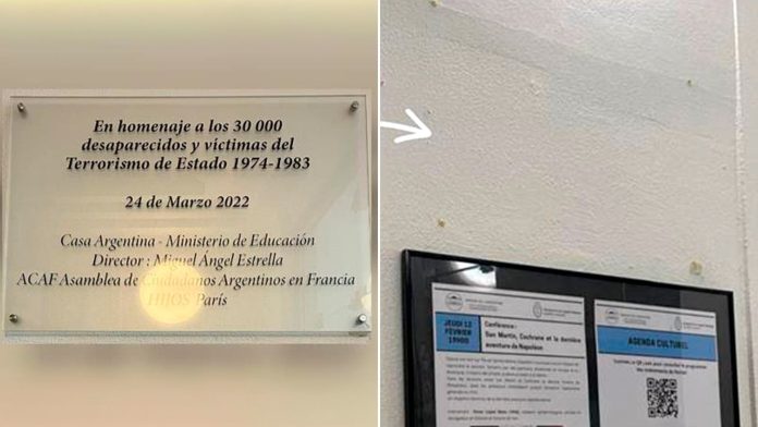 Retiraron una placa en la Casa de Argentina en Francia que recuerda a las víctimas de la dictadura
