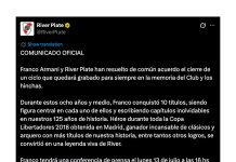 River Plate confirmó la salida de Franco Armani y lo despidió con un emotivo video