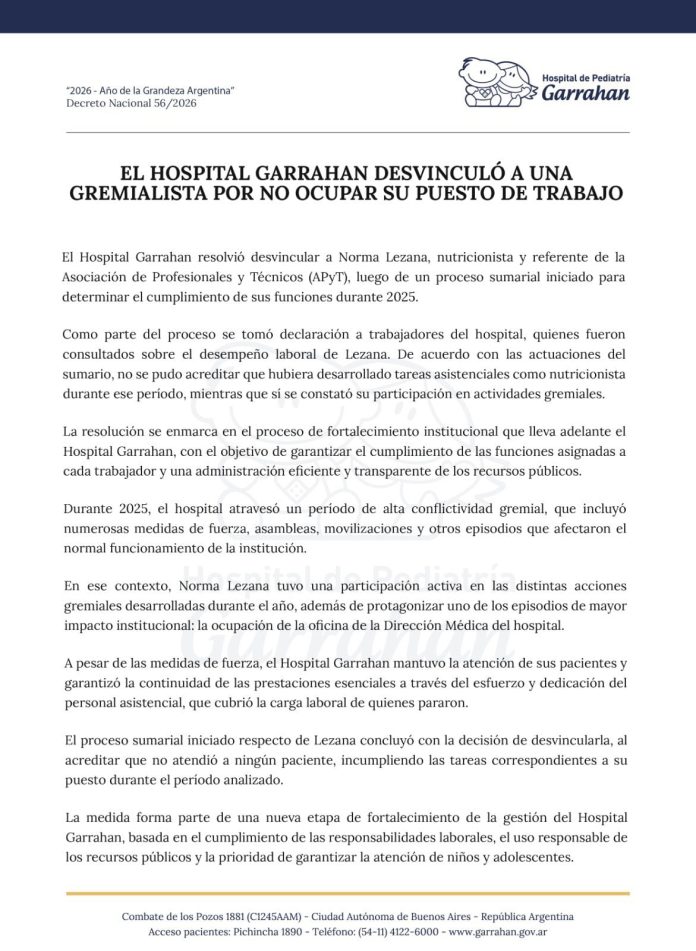 “Voy a seguir yendo”: la gremialista Norma Lezana rechazó su desvinculación del Hospital Garrahan